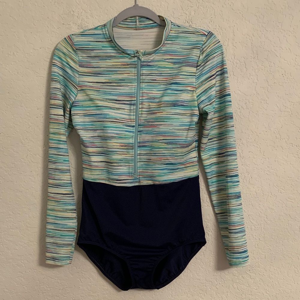 Lands' End Aqua Multi-Stripe and Navy Long-Sleeve One-Piece Swimsuit
